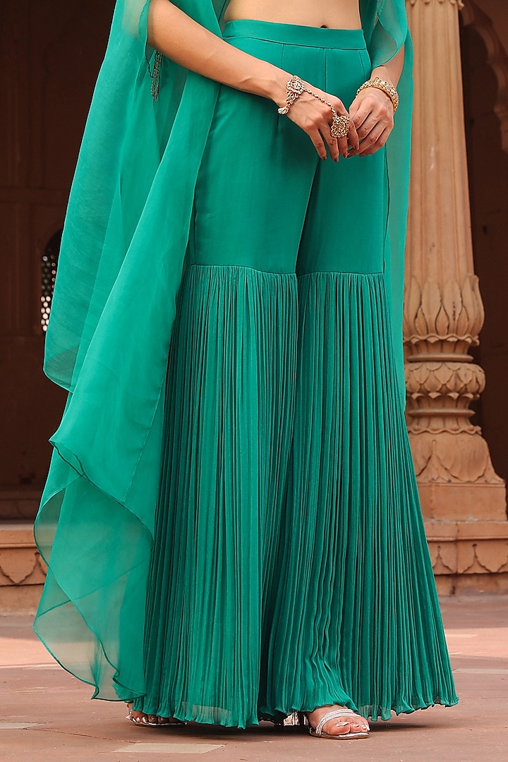 Green Organza Thread Hand Embroidered Cape Set by Label Moni K at Pernia's Pop Up Shop