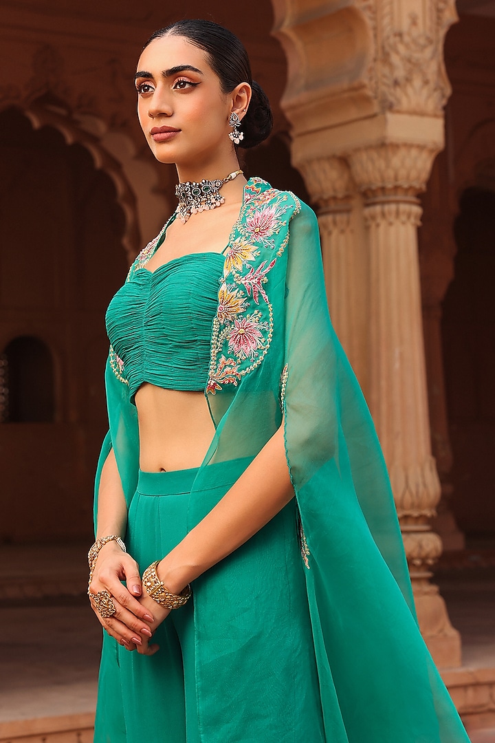 Green Organza Thread Hand Embroidered Cape Set by Label Moni K at Pernia's Pop Up Shop