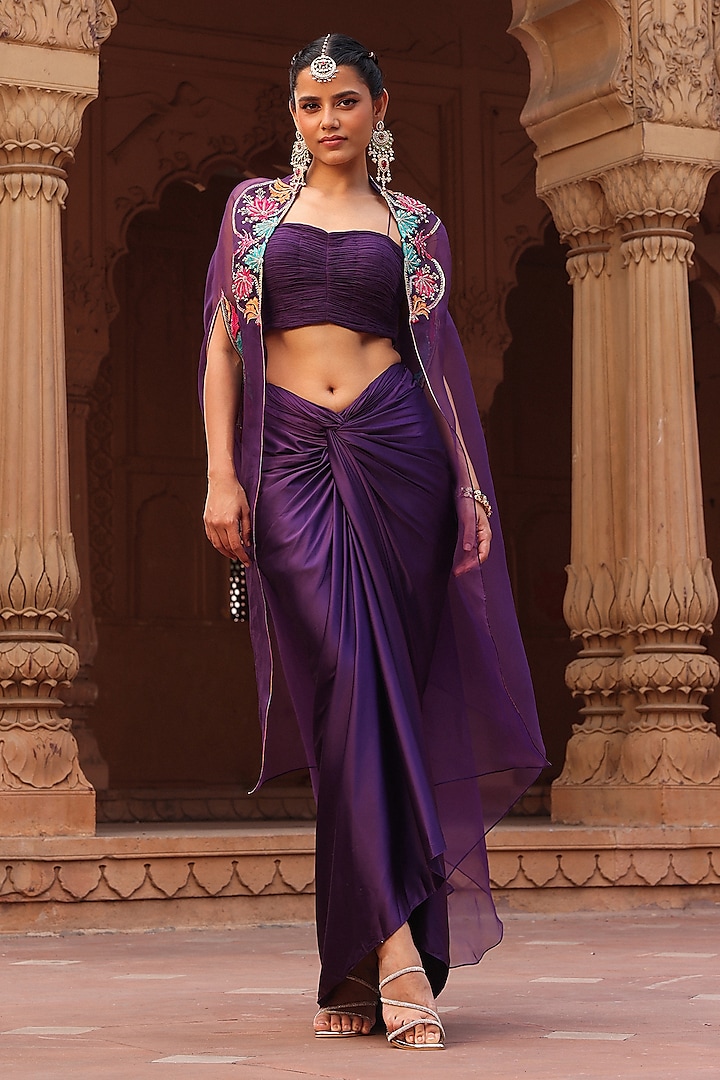 Purple Organza Thread Hand Embroidered Dhoti Cape Set by Label Moni K at Pernia's Pop Up Shop