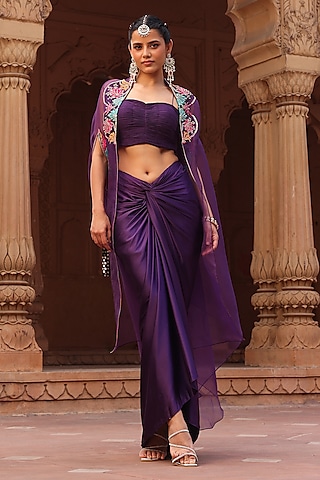 Purple Organza Thread Hand Embroidered Dhoti Cape Set by Label Moni K