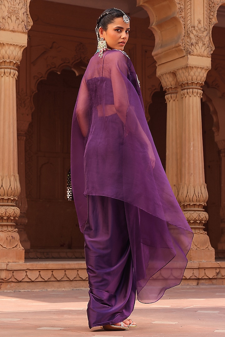 Purple Organza Thread Hand Embroidered Dhoti Cape Set by Label Moni K at Pernia's Pop Up Shop