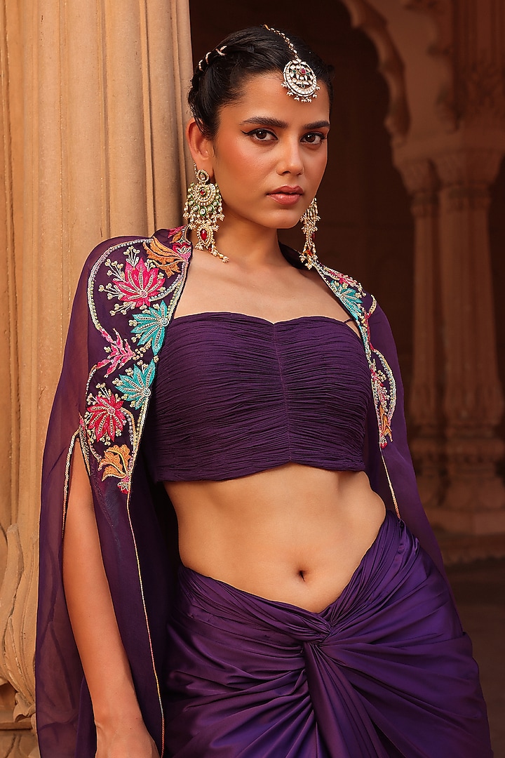 Purple Organza Thread Hand Embroidered Dhoti Cape Set by Label Moni K at Pernia's Pop Up Shop