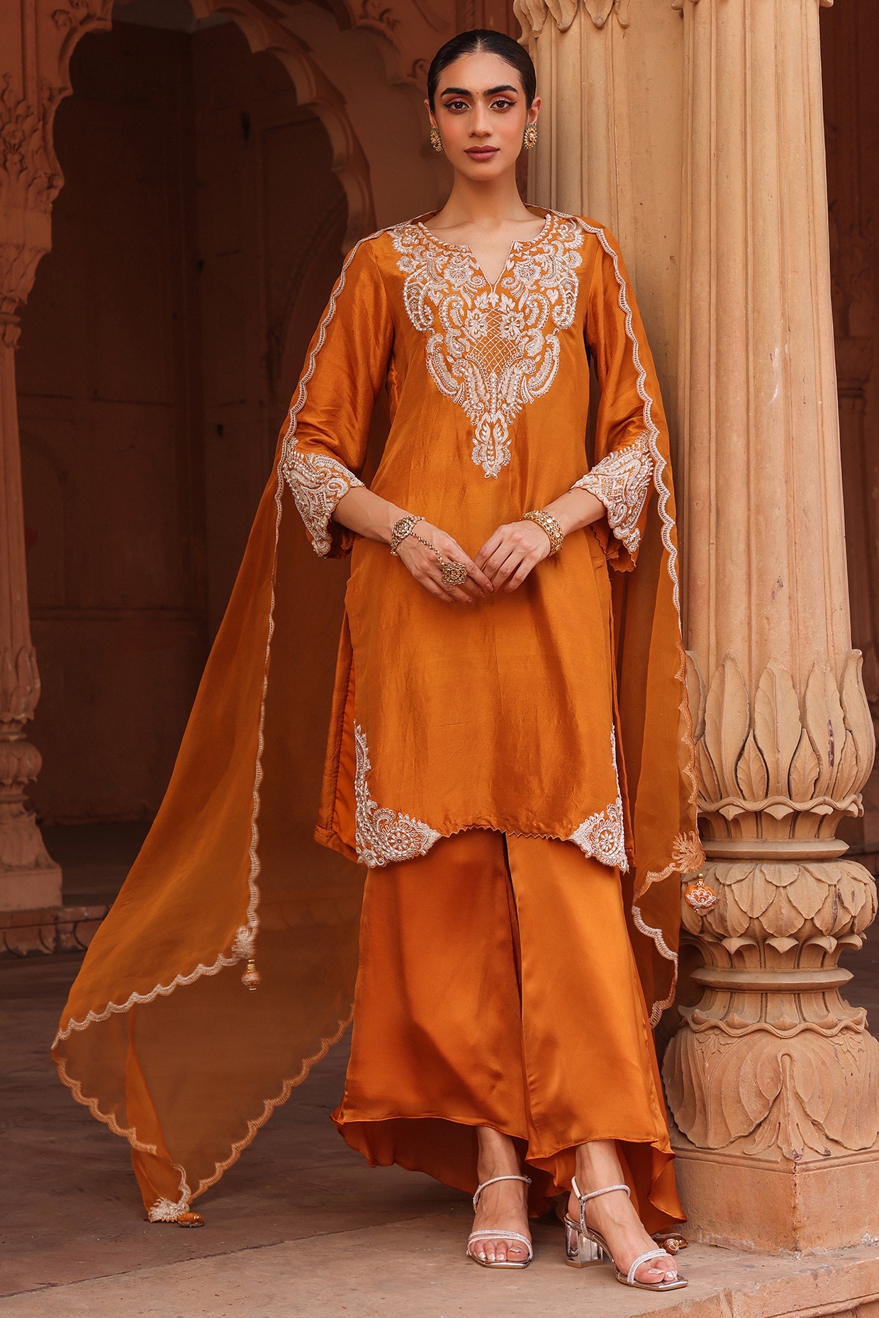 Mustard Phool Dori Pintuck Sleeveless Kurta Salwar Set
