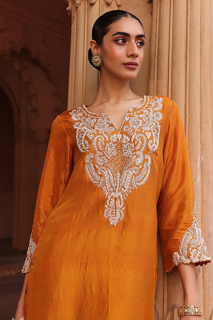 Mustard Silk Dori & Pearl Work Straight Kurta Set by Label Moni K at Pernia's Pop Up Shop