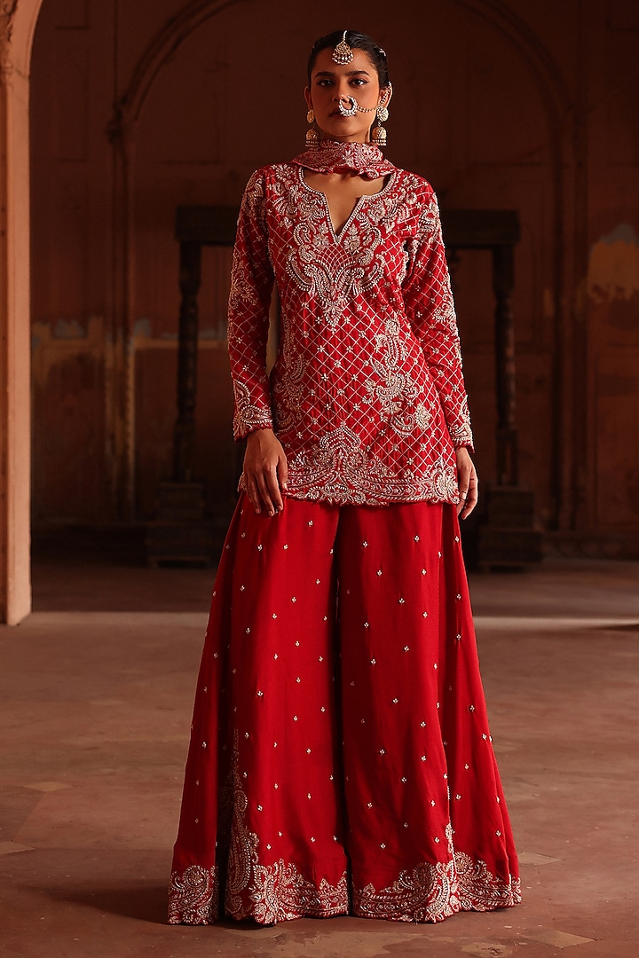 Red Cotton Silk Embroidered Flared Sharara Set by Label Moni K at Pernia's Pop Up Shop