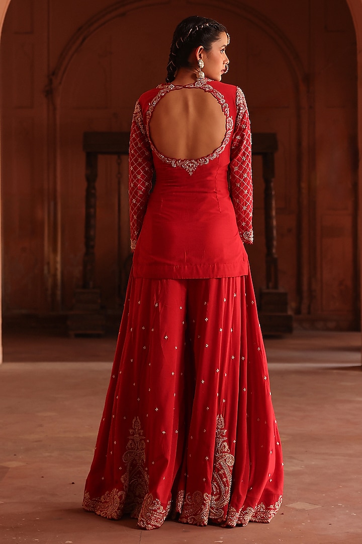Red Cotton Silk Embroidered Flared Wedding Sharara Set by Label Moni K at Pernia's Pop Up Shop