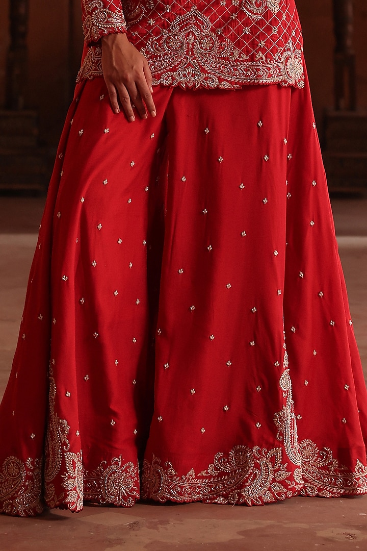 Red Cotton Silk Embroidered Flared Wedding Sharara Set by Label Moni K at Pernia's Pop Up Shop
