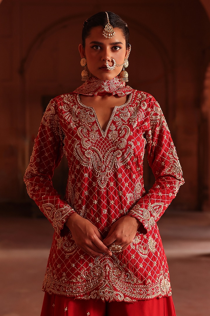 Red Cotton Silk Embroidered Flared Wedding Sharara Set by Label Moni K at Pernia's Pop Up Shop
