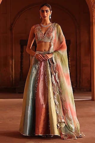 Multi-Colored Chanderi Organza Mirror Work Lehenga Set by Label Moni K