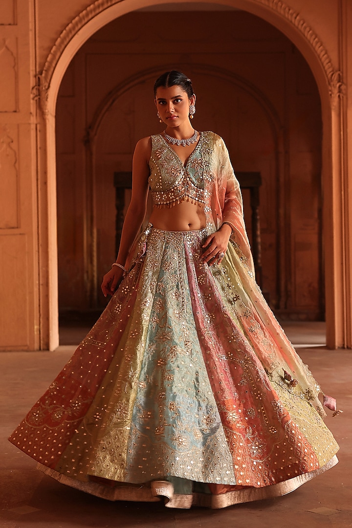 Multi-Colored Chanderi Organza Mirror Work Wedding Lehenga Set by Label Moni K at Pernia's Pop Up Shop