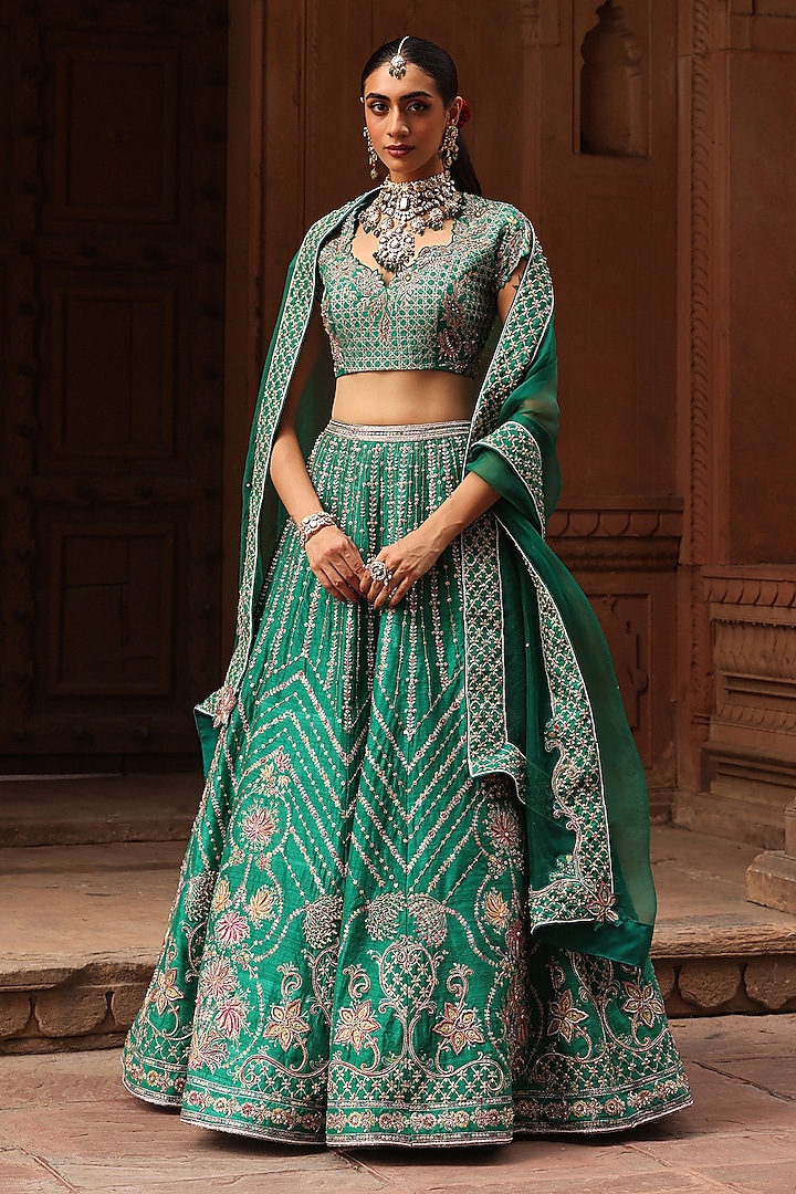 Green Raw Silk Resham & Zardosi Embroidered Bridal Lehenga Set by Label Moni K at Pernia's Pop Up Shop