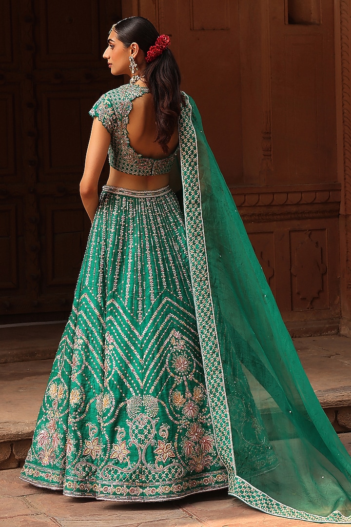 Green Raw Silk Resham & Zardosi Embroidered Bridal Lehenga Set by Label Moni K at Pernia's Pop Up Shop