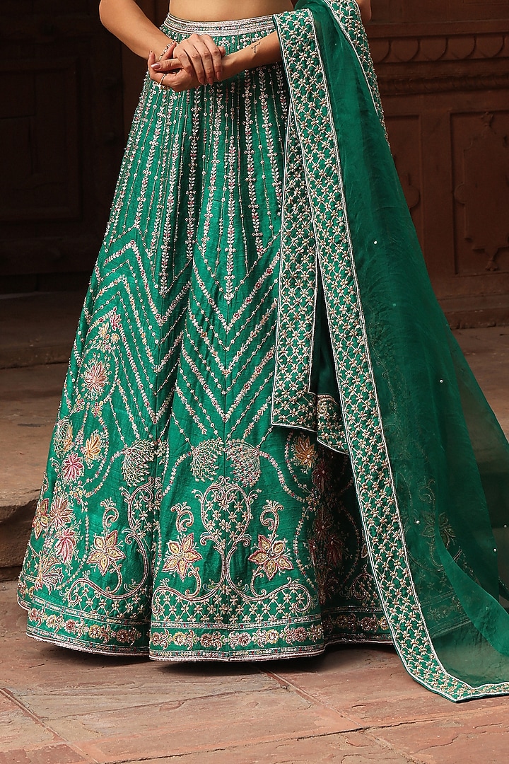 Green Raw Silk Resham & Zardosi Embroidered Bridal Lehenga Set by Label Moni K at Pernia's Pop Up Shop