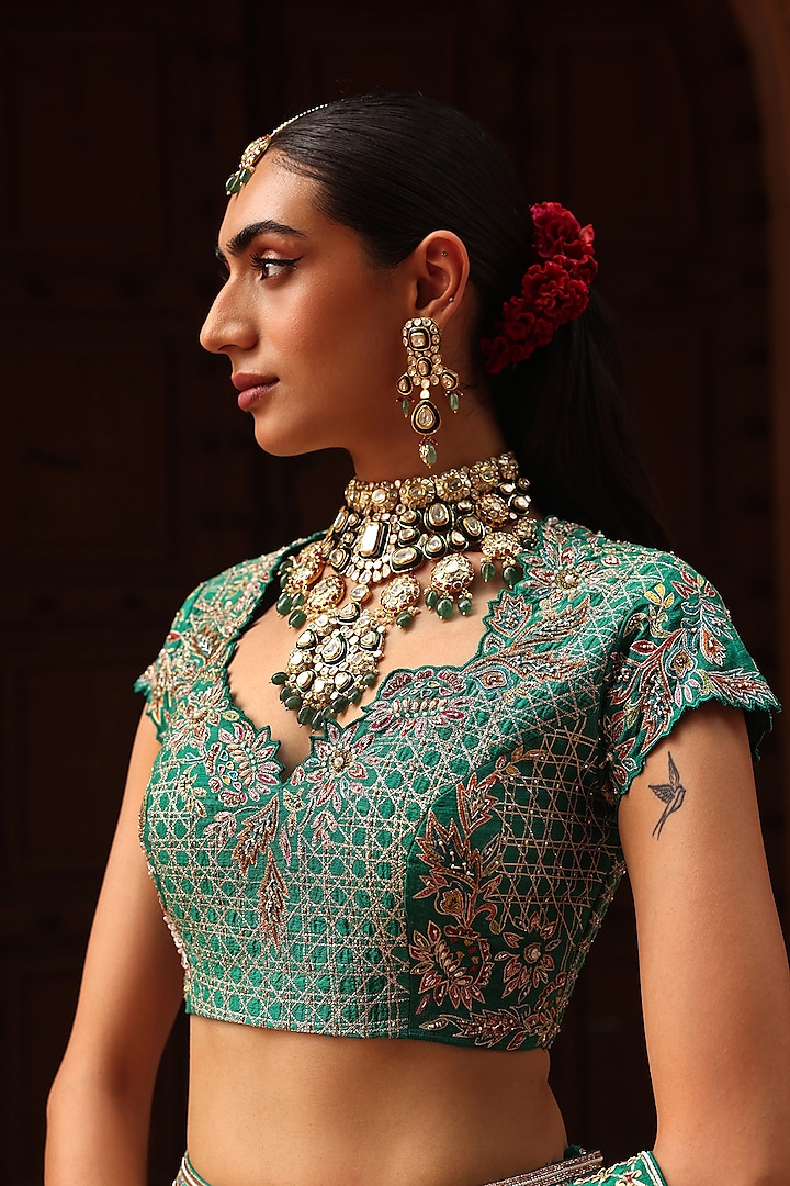 Green Raw Silk Resham & Zardosi Embroidered Bridal Lehenga Set by Label Moni K at Pernia's Pop Up Shop