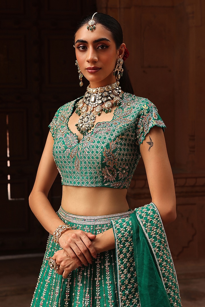 Green Raw Silk Resham & Zardosi Embroidered Bridal Lehenga Set by Label Moni K at Pernia's Pop Up Shop