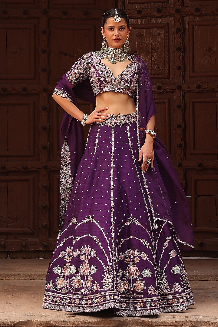 Purple Raw Silk Resham & Zardosi Embroidered Wedding Lehenga Set by Label Moni K at Pernia's Pop Up Shop