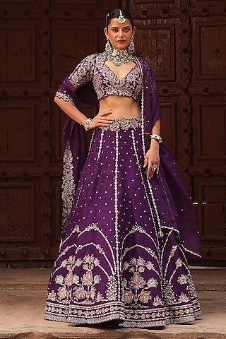 Purple Raw Silk Resham & Zardosi Embroidered Lehenga Set by Label Moni K