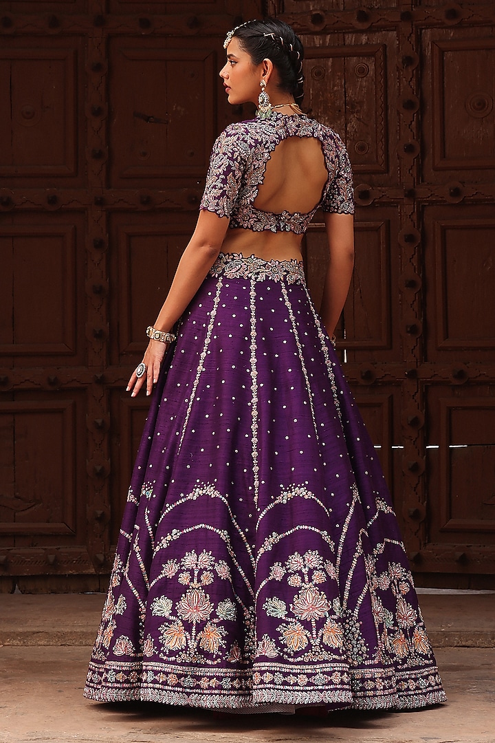 Purple Raw Silk Resham & Zardosi Embroidered Bridal Lehenga Set by Label Moni K at Pernia's Pop Up Shop