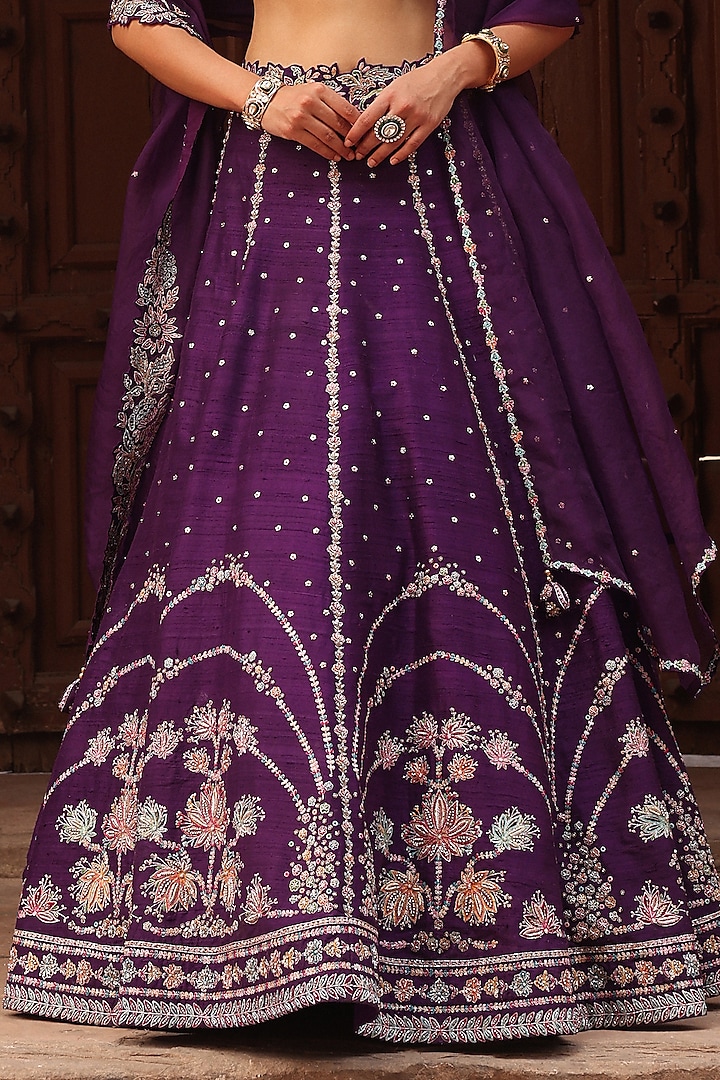 Purple Raw Silk Resham & Zardosi Embroidered Bridal Lehenga Set by Label Moni K at Pernia's Pop Up Shop