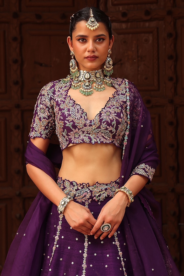 Purple Raw Silk Resham & Zardosi Embroidered Bridal Lehenga Set by Label Moni K at Pernia's Pop Up Shop