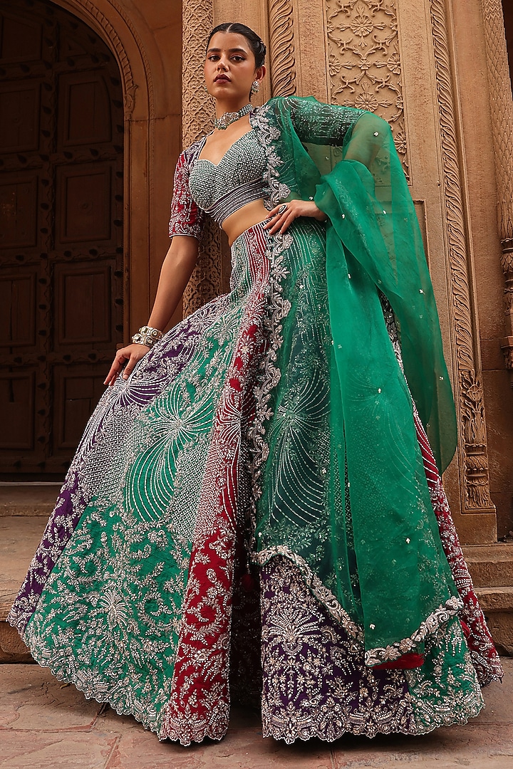 Multi-Colored Raw Silk Pearl & Zardosi Embroidered Bridal Lehenga Set by Label Moni K at Pernia's Pop Up Shop