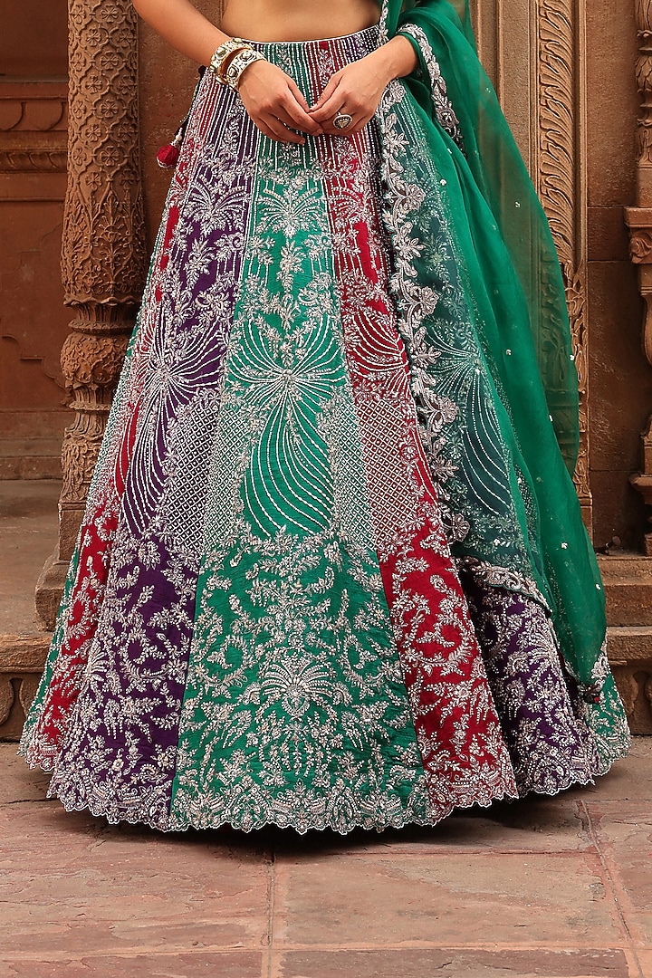 Multi-Colored Raw Silk Pearl & Zardosi Embroidered Bridal Lehenga Set by Label Moni K at Pernia's Pop Up Shop