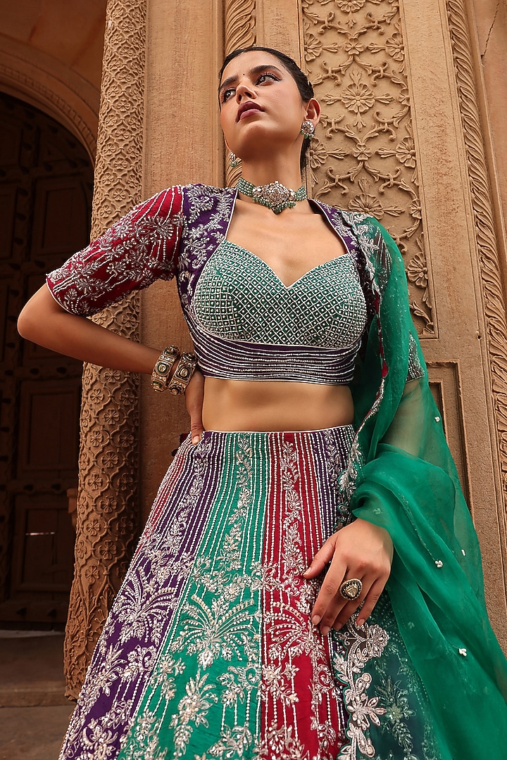 Multi-Colored Raw Silk Pearl & Zardosi Embroidered Bridal Lehenga Set by Label Moni K at Pernia's Pop Up Shop