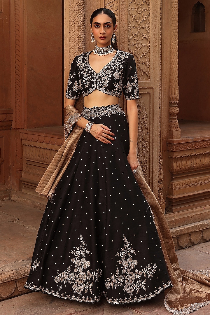 Black Raw Silk Dori & Zardosi Embroidered Wedding Lehenga Set by Label Moni K at Pernia's Pop Up Shop