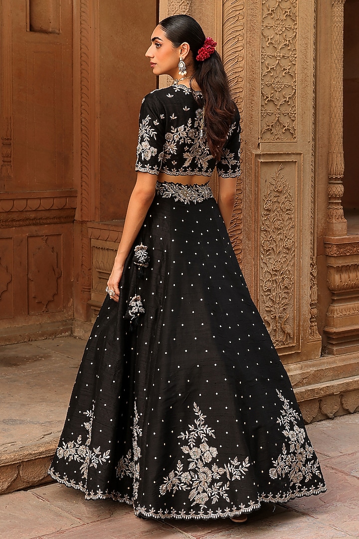 Black Raw Silk Dori & Zardosi Embroidered Wedding Lehenga Set by Label Moni K at Pernia's Pop Up Shop
