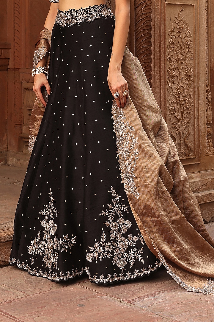 Black Raw Silk Dori & Zardosi Embroidered Wedding Lehenga Set by Label Moni K at Pernia's Pop Up Shop