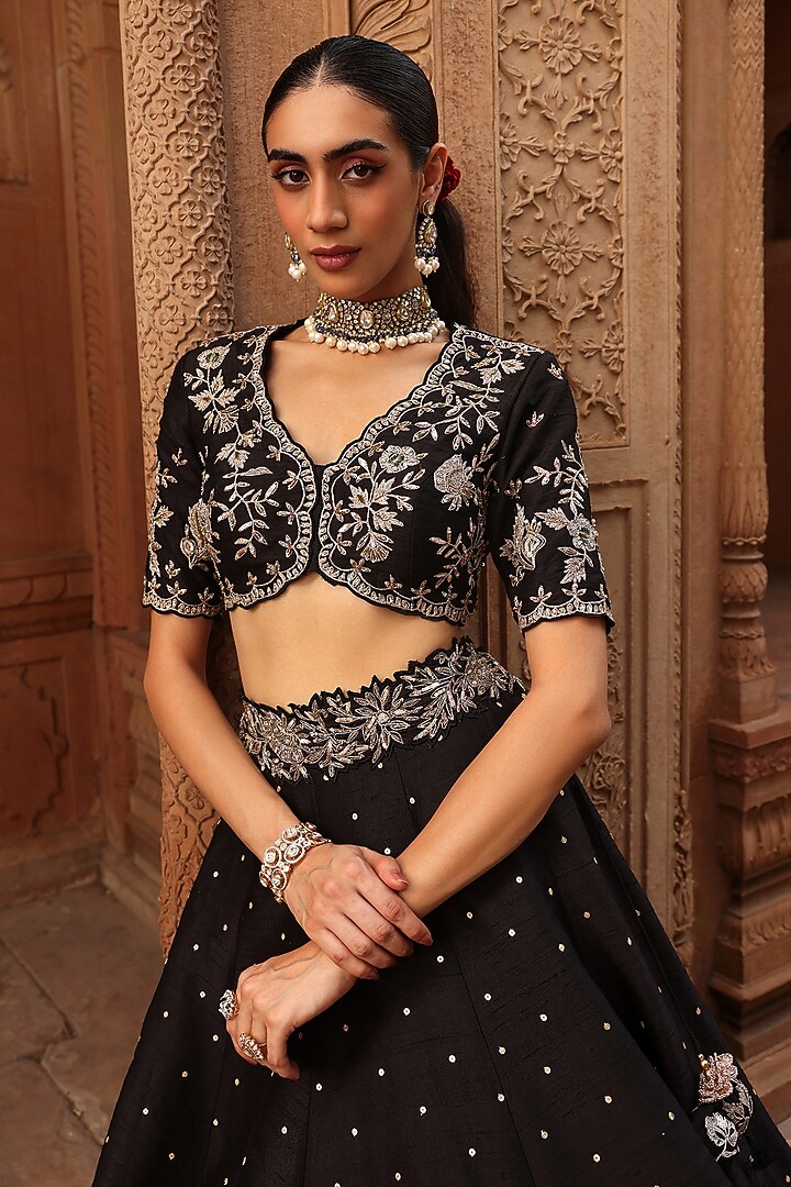 Black Raw Silk Dori & Zardosi Embroidered Wedding Lehenga Set by Label Moni K at Pernia's Pop Up Shop
