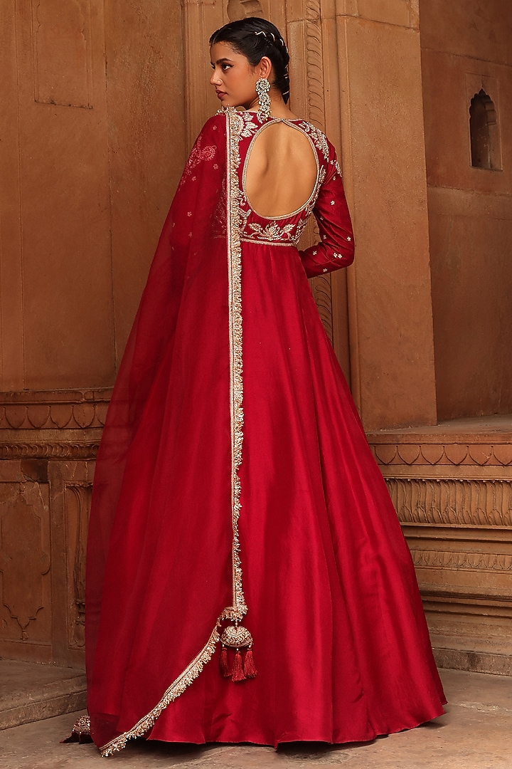 Maroon Silk Pearl & Zardosi Embroidered Wedding Anarkali Set by Label Moni K at Pernia's Pop Up Shop