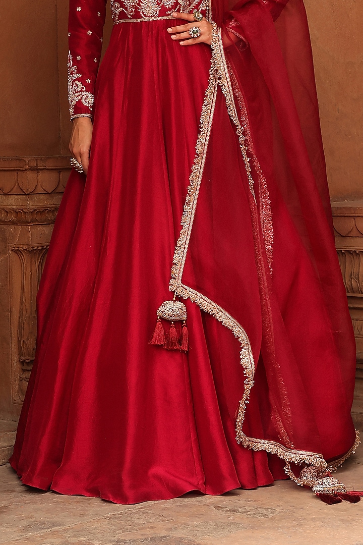 Maroon Silk Pearl & Zardosi Embroidered Wedding Anarkali Set by Label Moni K at Pernia's Pop Up Shop