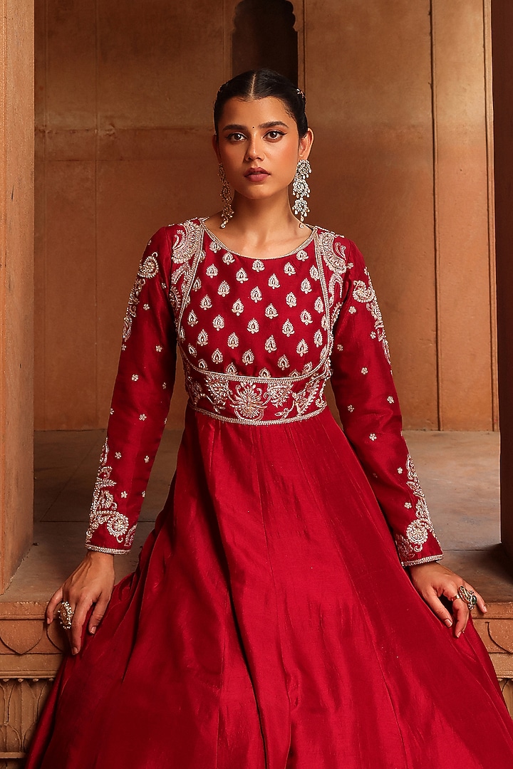 Maroon Silk Pearl & Zardosi Embroidered Wedding Anarkali Set by Label Moni K at Pernia's Pop Up Shop