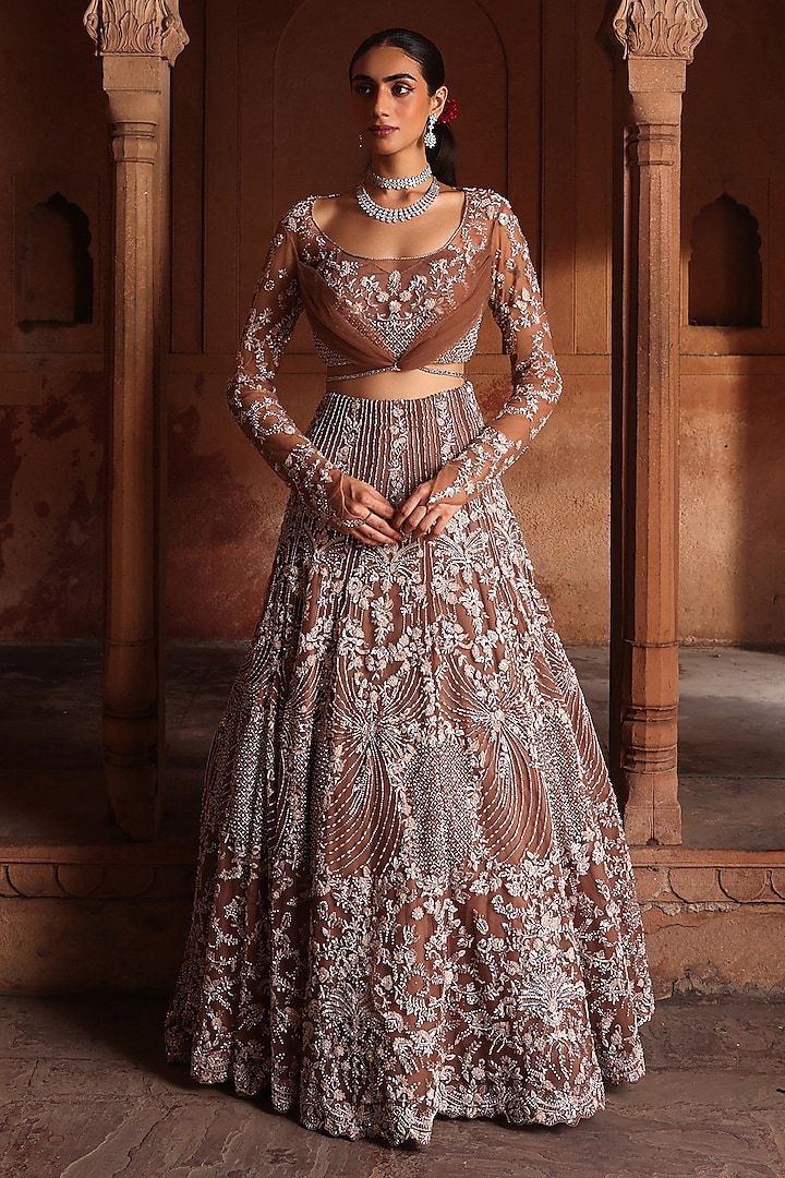 Dark Champagne Net Sequins & Zardosi Hand Embroidered Bridal Lehenga Set by Label Moni K at Pernia's Pop Up Shop