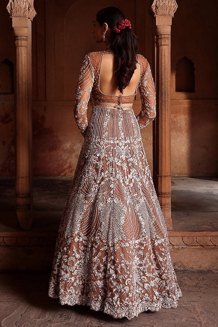 Dark Champagne Net Sequins & Zardosi Hand Embroidered Bridal Lehenga Set by Label Moni K at Pernia's Pop Up Shop