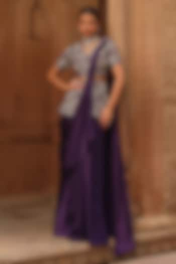 Purple Satin Reshma & Zardosi Embroidered Draped Skirt Saree Set by Label Moni K at Pernia's Pop Up Shop