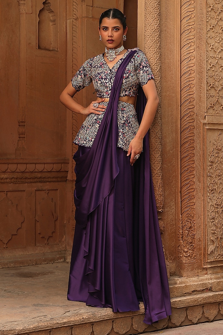 Purple Satin Reshma & Zardosi Embroidered Draped Skirt Saree Set by Label Moni K at Pernia's Pop Up Shop