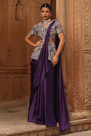 Purple Satin Reshma & Zardosi Embroidered Draped Skirt Saree Set by Label Moni K