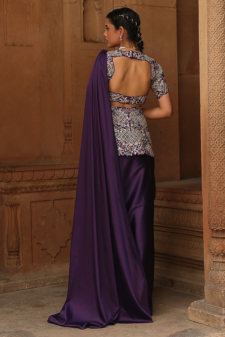 Purple Satin Reshma & Zardosi Embroidered Draped Skirt Wedding Saree Set by Label Moni K at Pernia's Pop Up Shop