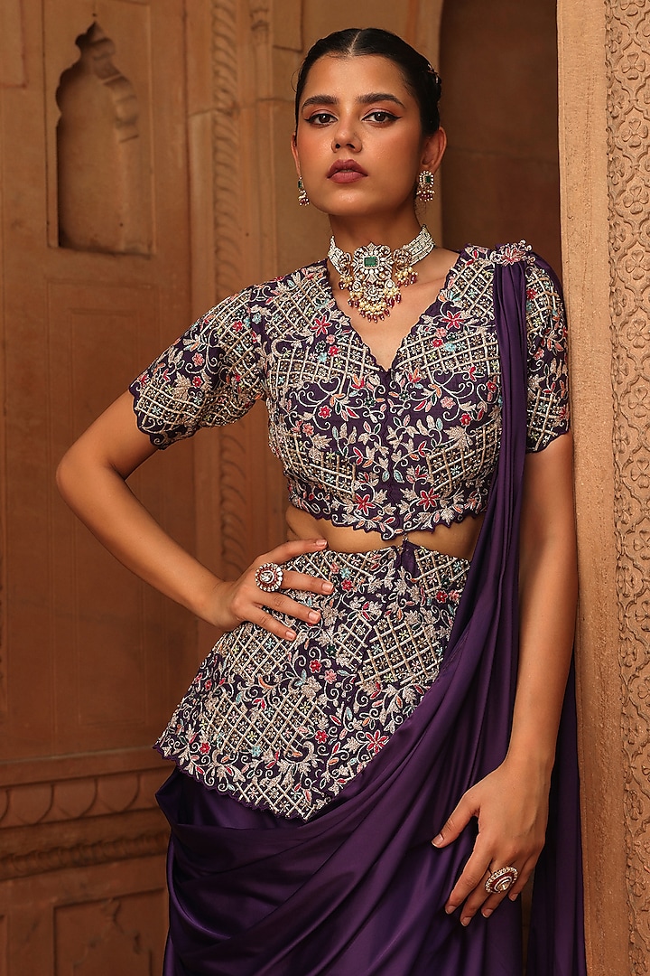 Purple Satin Reshma & Zardosi Embroidered Draped Skirt Wedding Saree Set by Label Moni K at Pernia's Pop Up Shop