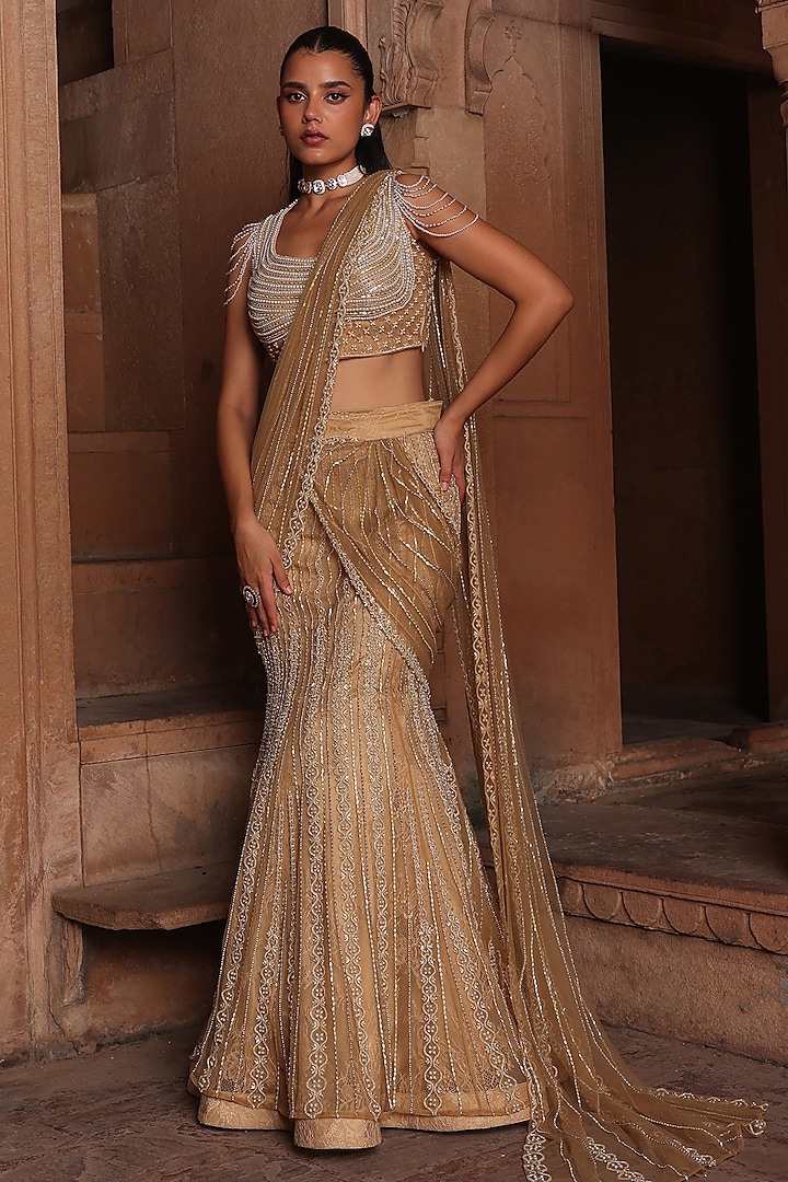 Gold Net Cutdana Hand Embroidered Fish-Cut Draped Saree Set by Label Moni K at Pernia's Pop Up Shop