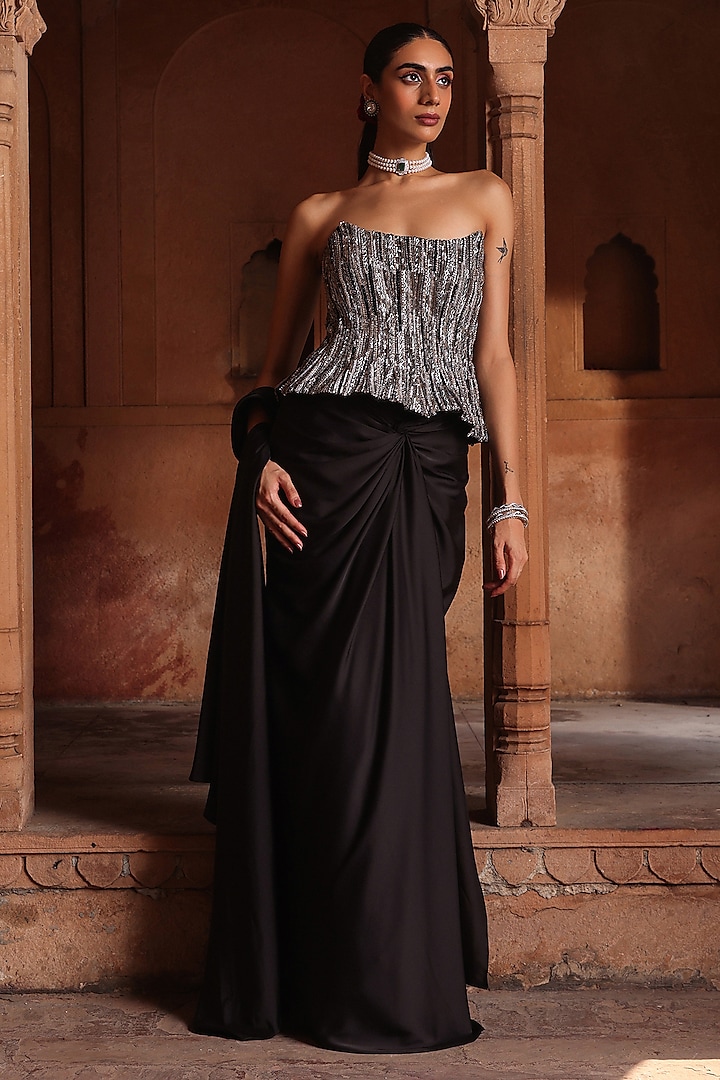 Black Satin Draped Skirt Saree Set by Label Moni K at Pernia's Pop Up Shop