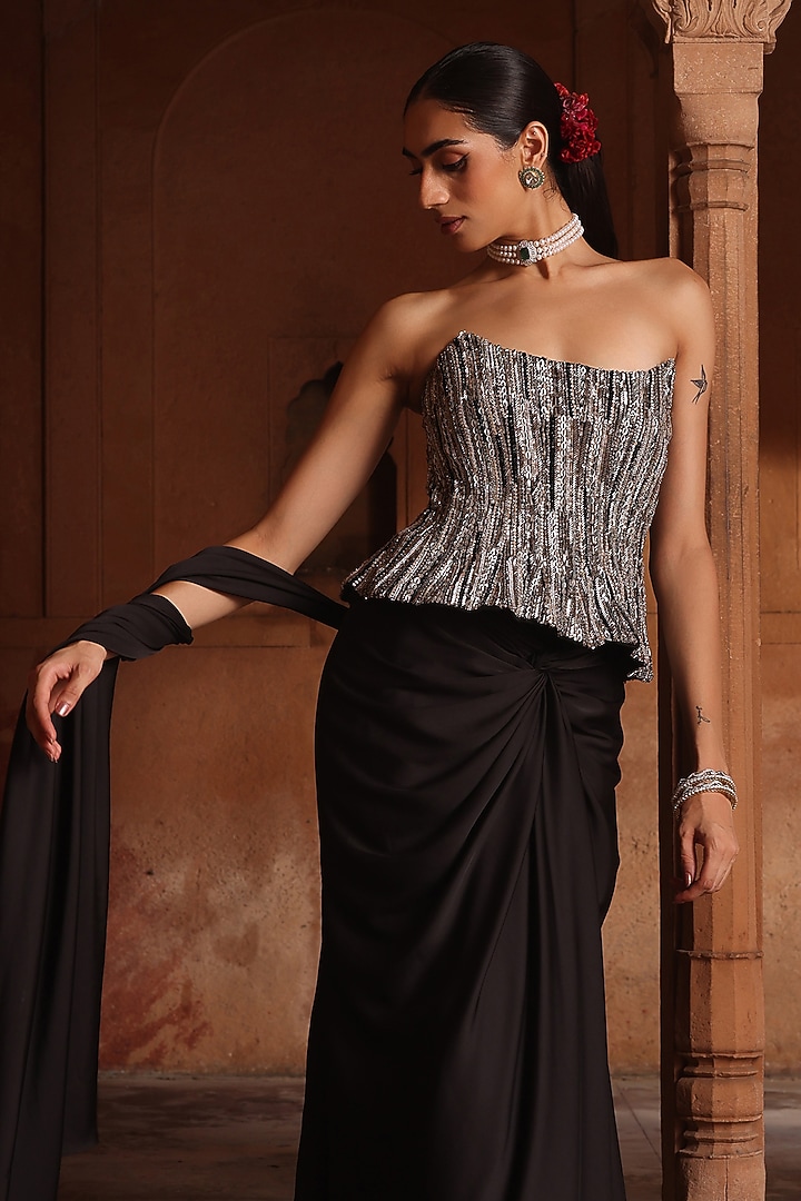 Black Satin Draped Skirt Wedding Saree Set by Label Moni K at Pernia's Pop Up Shop