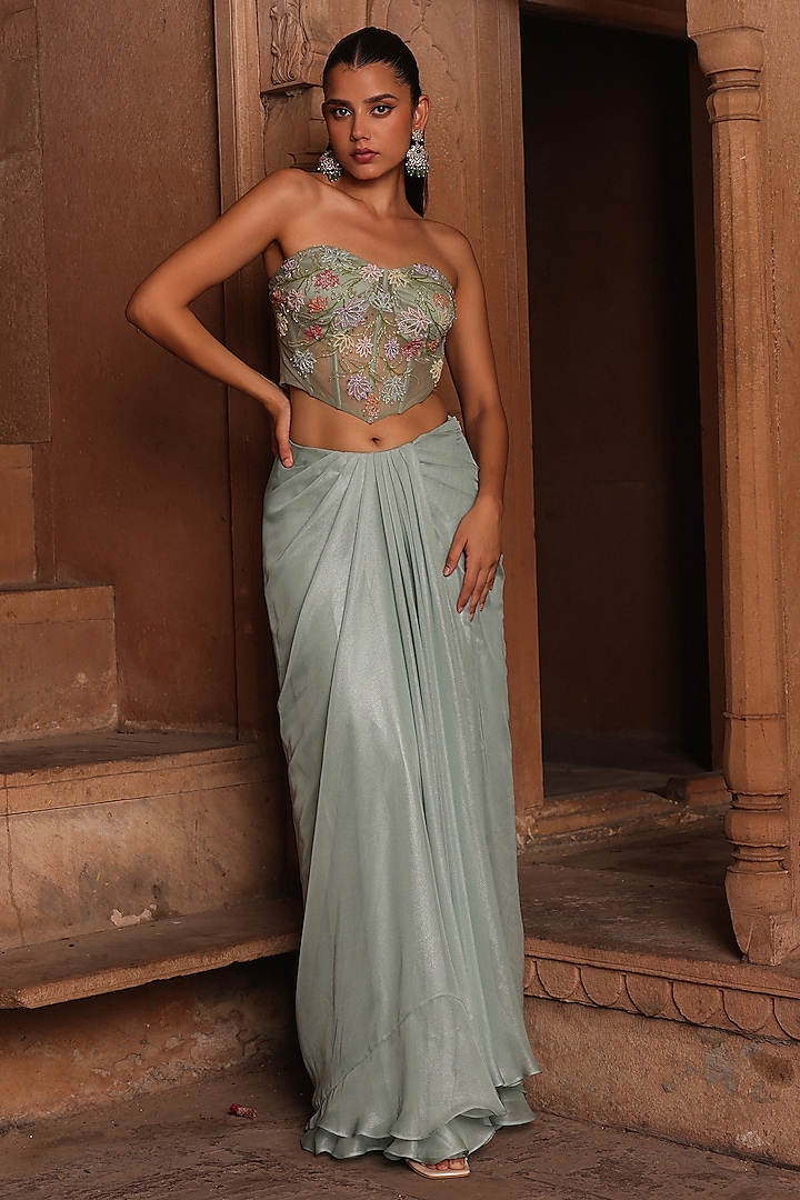 Pastel Blue Shimmer Georgette Draped Skirt Saree Set by Label Moni K at Pernia's Pop Up Shop