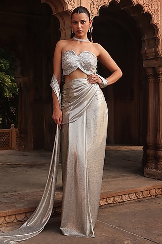 Silver Metallic Jersey Draped Saree Set by Label Moni K