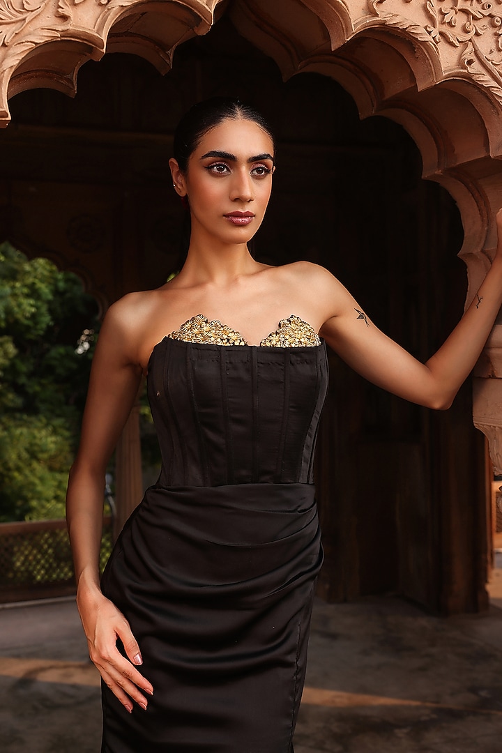 Black Satin Hand Embroidered Draped Party Wear Gown by Label Moni K at Pernia's Pop Up Shop