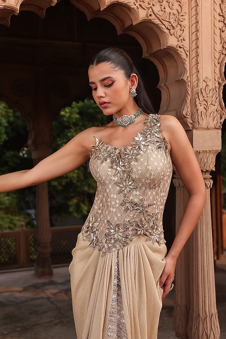 Golden Metallic Georgette Draped Skirt Wedding Saree Set by Label Moni K at Pernia's Pop Up Shop