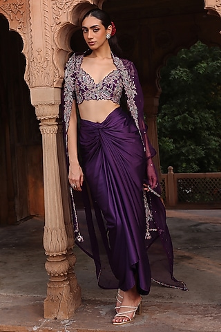 Purple Organza Floral Embroidered Cape Set by Label Moni K