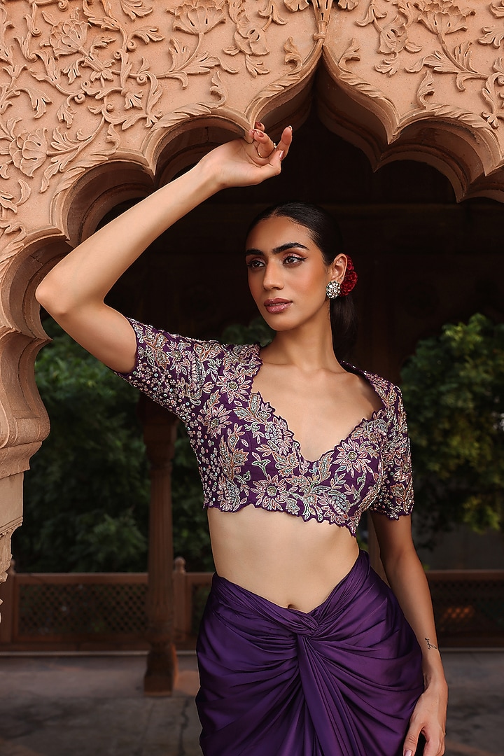 Purple Organza Floral Embroidered Cape Set by Label Moni K at Pernia's Pop Up Shop